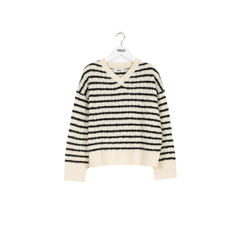 Indee Off White V-neck Cable Striped Pullover