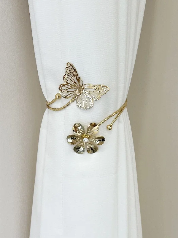 1pc Luxurious Metal Butterfly & Flower Shaped Curtain Tieback With 3d Effect, No Drill Curtain Holder