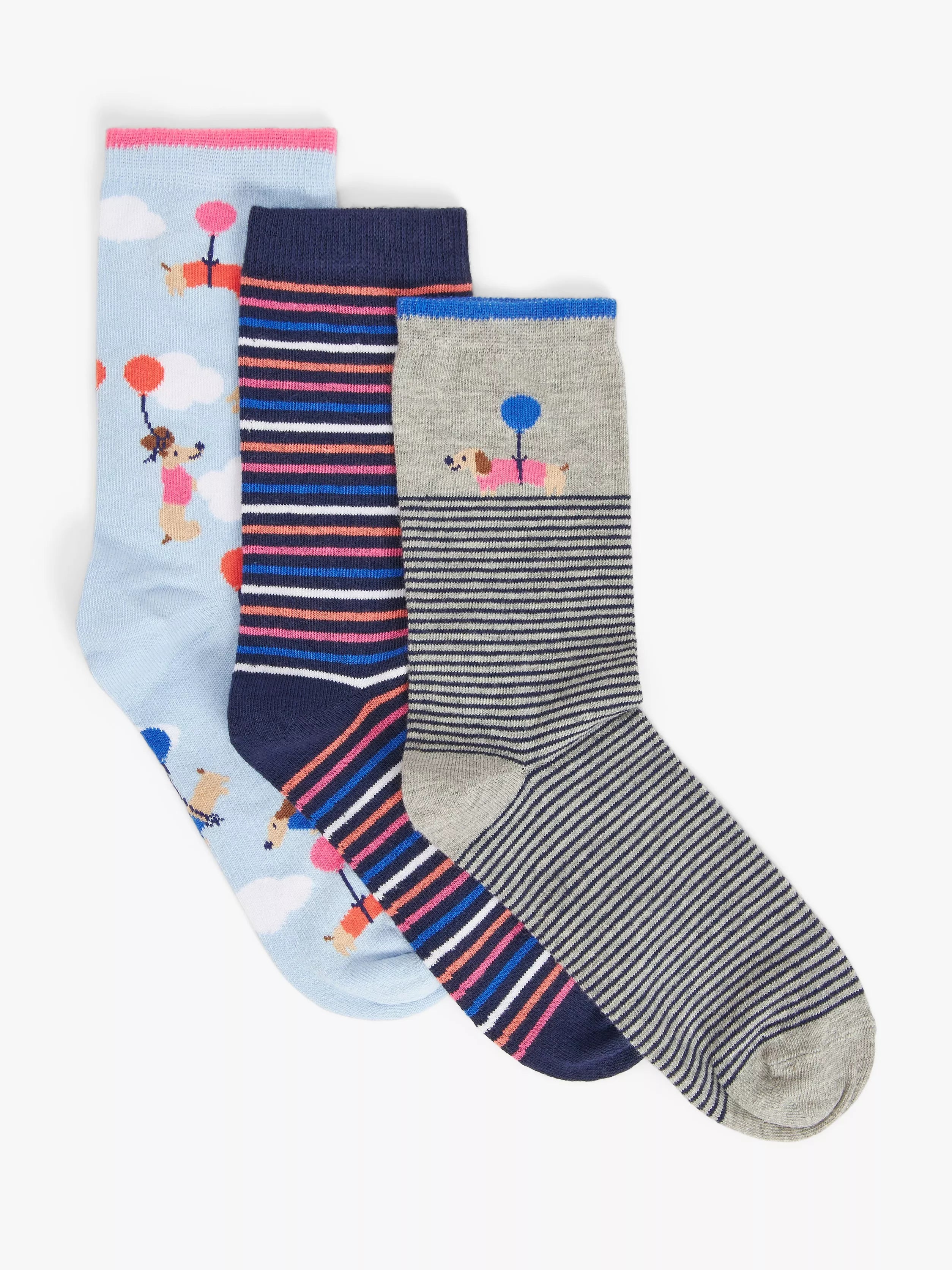 John Lewis Sausage Dog Balloon Organic Cotton Mix Ankle Socks, Pack of 3, Multi