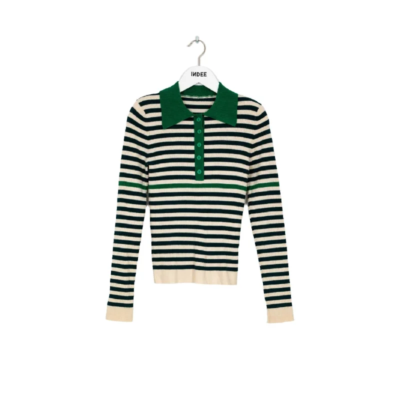 Indee Green Ribbed Knitted Stripe Polo