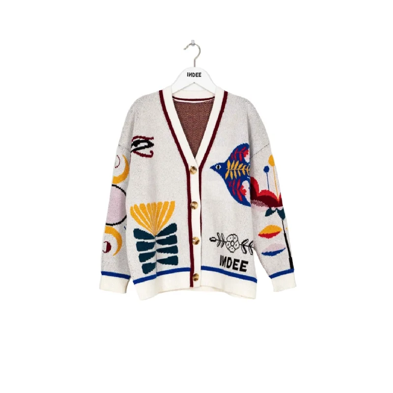 Indee Off White Oversized Graphic Knit Cardigan