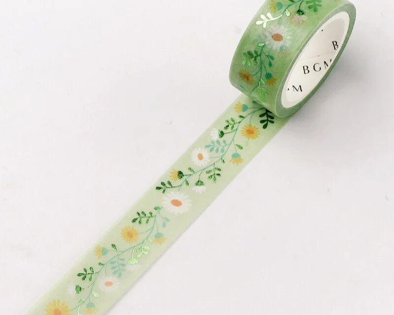 Cute Kawaii BGM Washi / Masking Deco Tape - Beautiful Daisy White Green Flower Bloom Garden Love - for Scrapbooking Journal Planner Craft