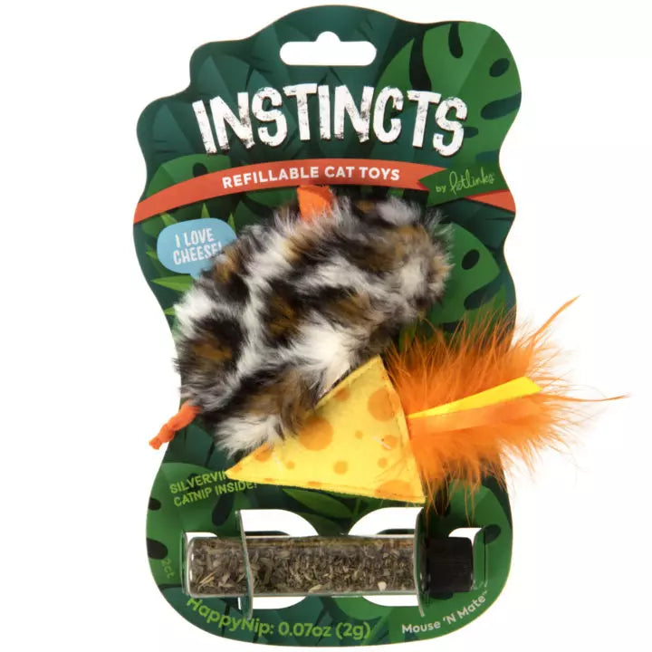 Petlinks® Instincts Mouse 'N Mate™ Refillable Mouse Cat Toy and Feathered Cheese Cat Toy with Bonus Tube of HappyNip™ Silvervine & Catnip (Mouse 'N Mate)